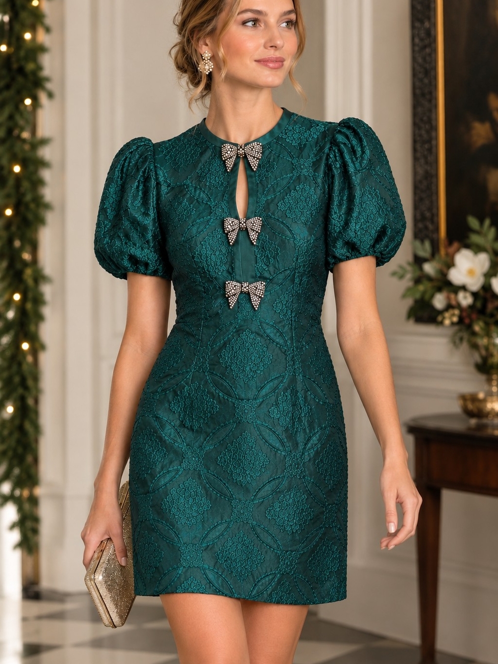 entro Emerald Lace Puff-Sleeve Mini Dress with Jeweled Bows